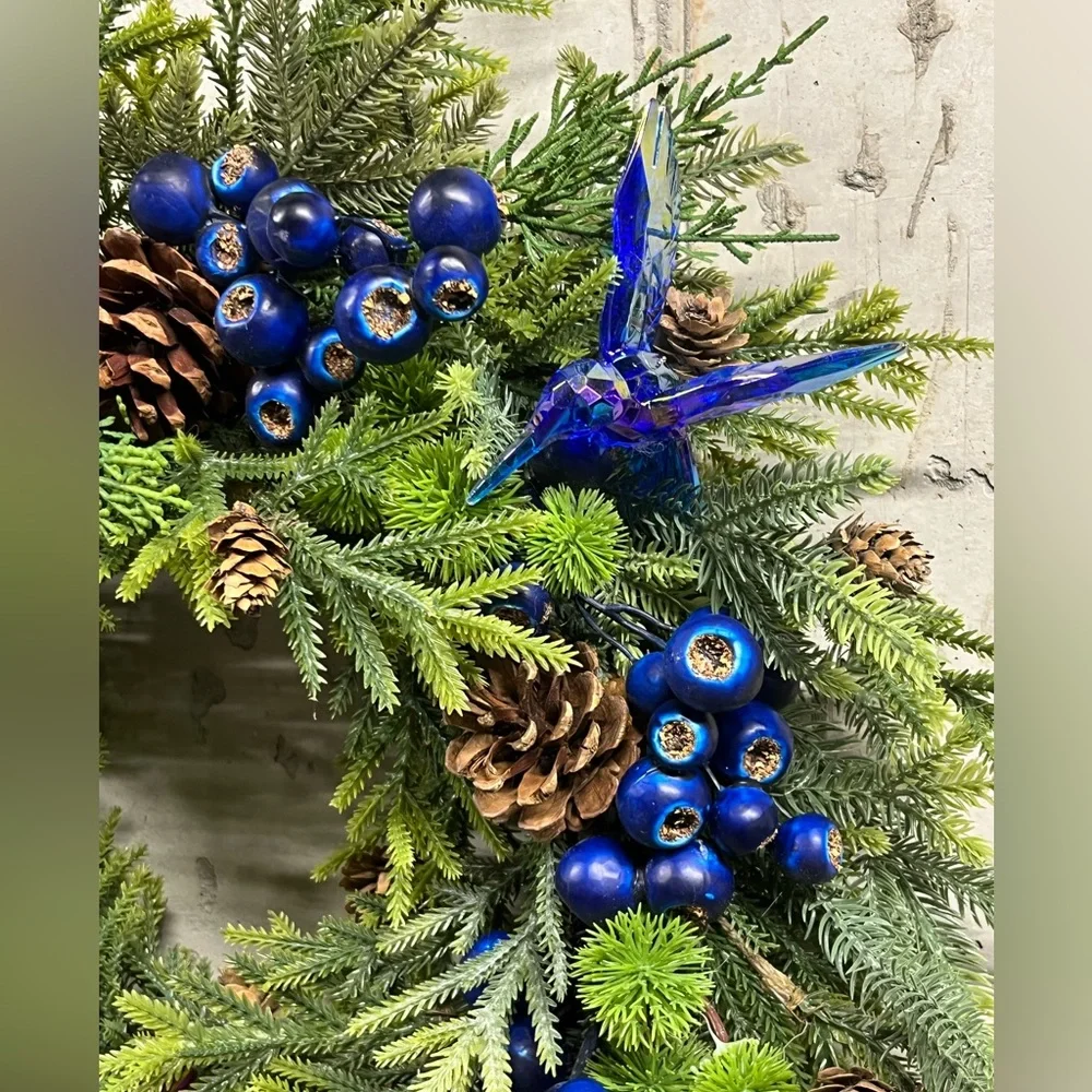 Hand Crafted Mixed Pine Blueberry Hummingbird Wreath Natural Touch Pine 18” Dia